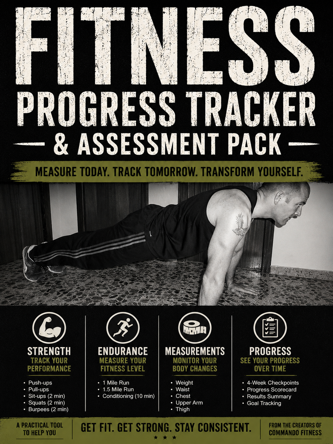 Fitness Progress Tracker printable PDF for tracking workouts, body measurements, and fitness progress