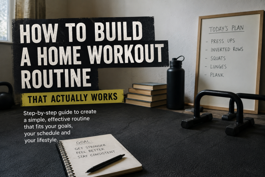 Home workout routine planner with bodyweight exercises and workout equipment for beginners