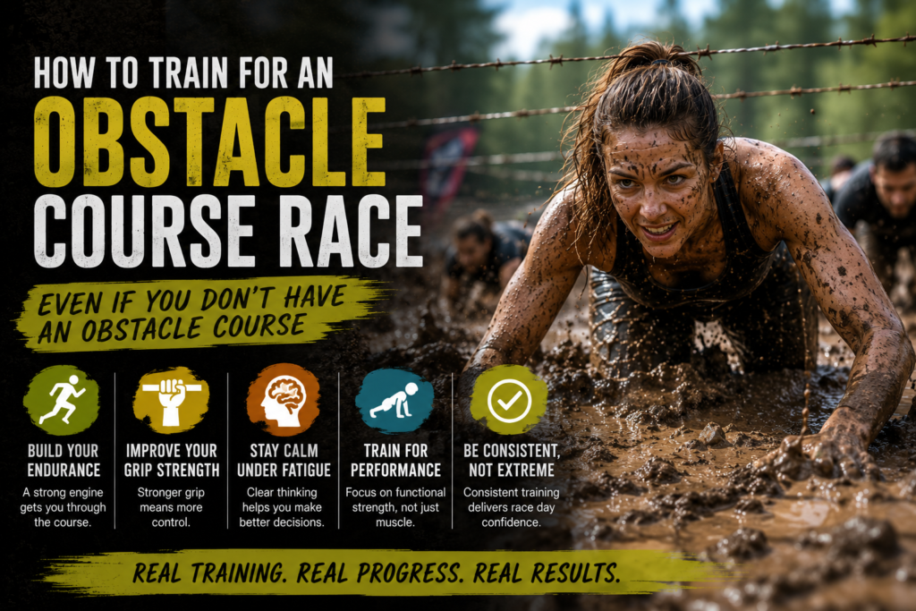 How to train for an obstacle course race: athlete crawling through mud during an OCR event.