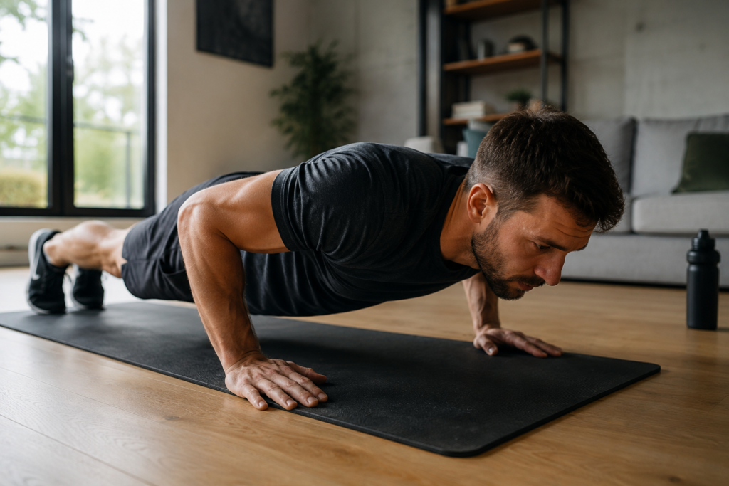 Man doing push-ups on a workout mat at home