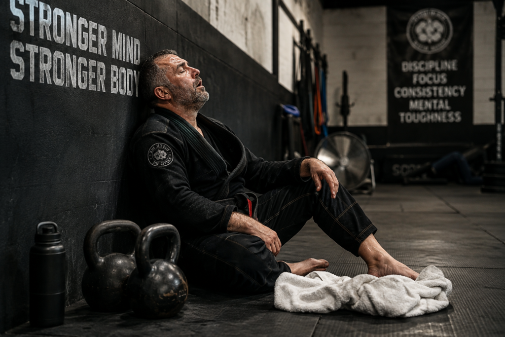Athlete recovering after an intense workout illustrating mental preparation for physical challenges.