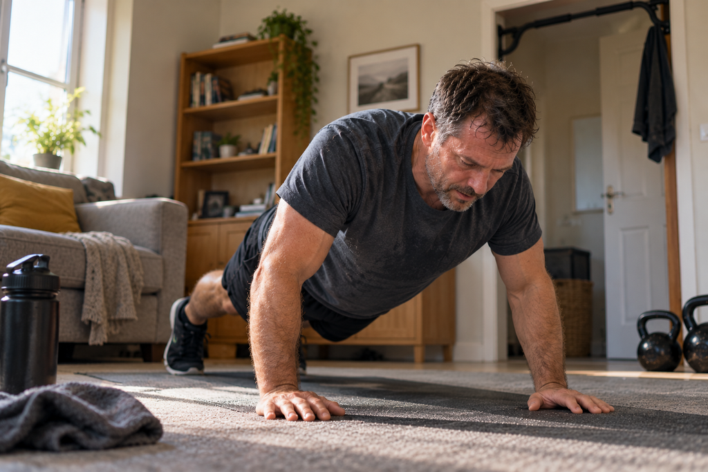 Man doing a 10-minute workout at home